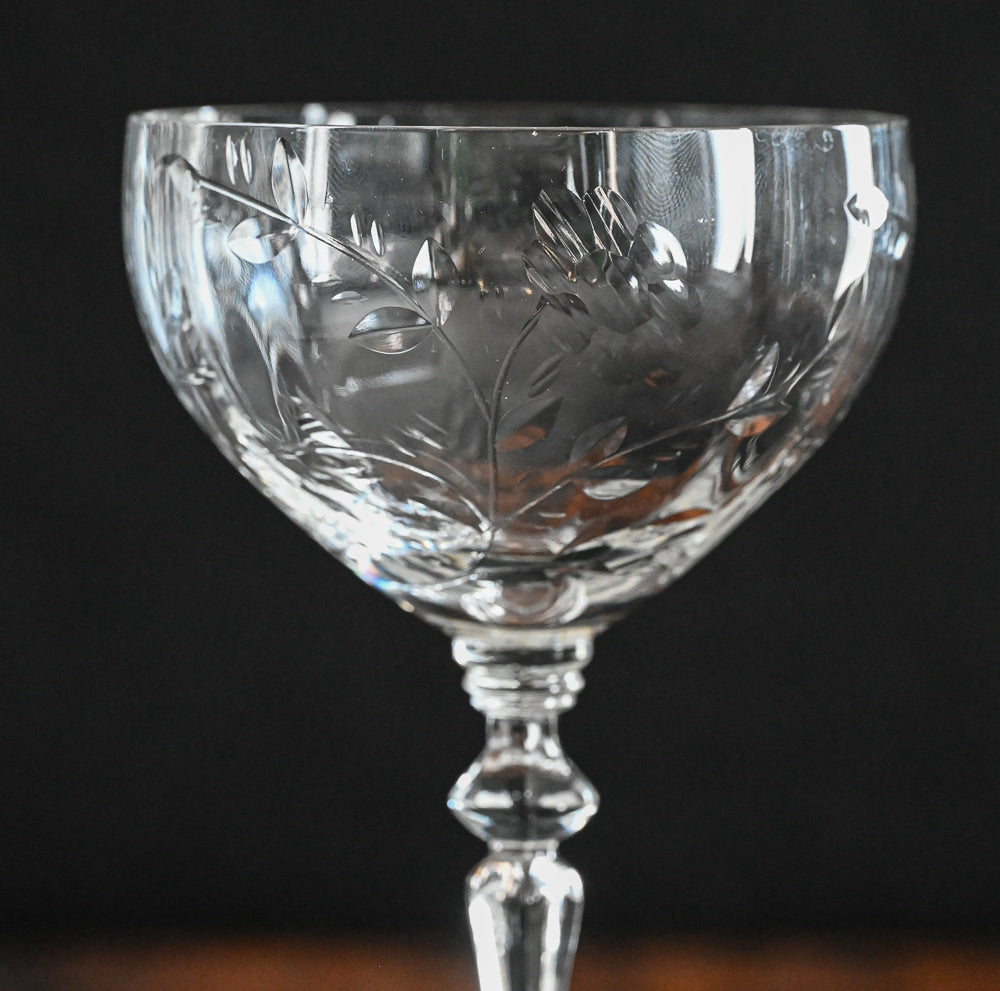 crystal flower and leaf etched cocktail coupe