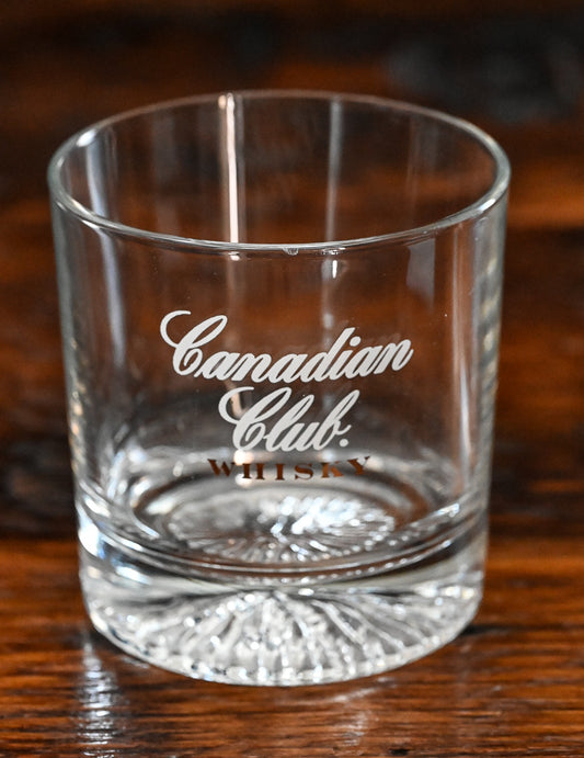 clear Canadian Club whisky rocks glass with glacier bottom