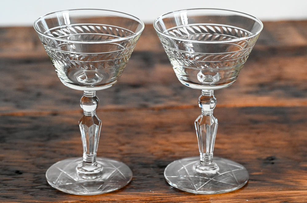 clear glass etched Rock Sharpe cocktail coupes