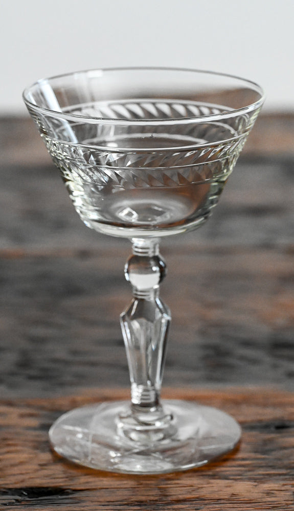 clear glass etched Rock Sharpe cocktail coupes