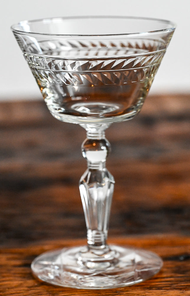 clear glass etched Rock Sharpe cocktail coupes