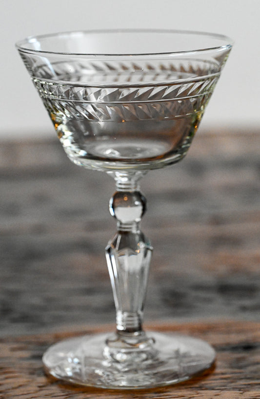 clear glass etched Rock Sharpe cocktail coupes