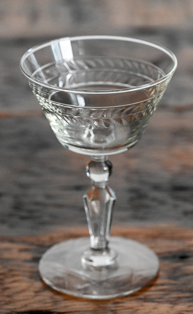 clear glass etched Rock Sharpe cocktail coupes