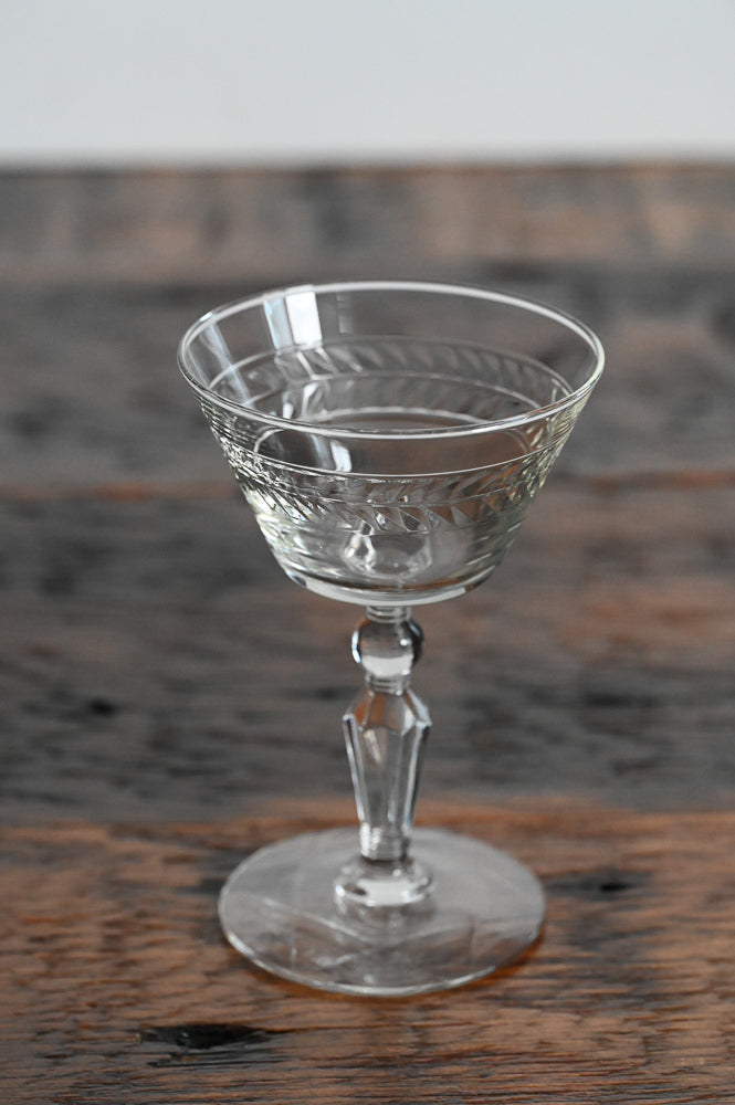 clear glass etched Rock Sharpe cocktail coupes