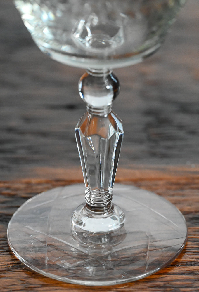 clear glass etched Rock Sharpe cocktail coupes