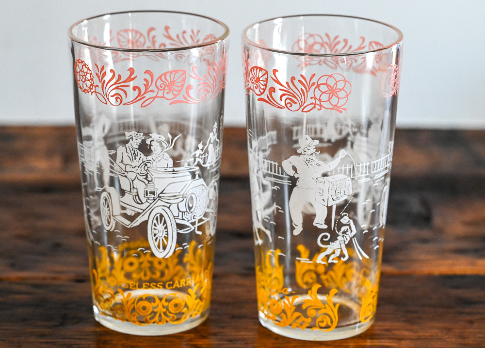 Highball glasses with white, pink and yellow pattern