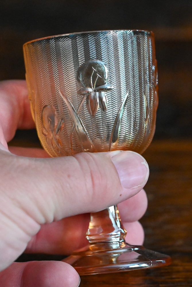 Jeannette Glassware Company Iris and Herringbone Marigold Carnival Glass Cordial Glass