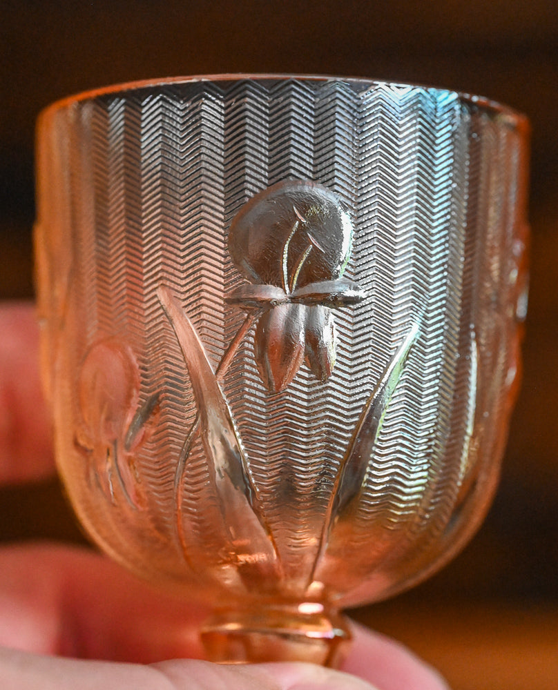 Jeannette Glassware Company Iris and Herringbone Marigold Carnival Glass Cordial Glass