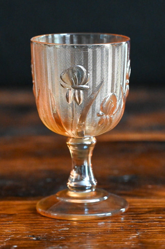 Jeannette Glassware Company Iris and Herringbone Marigold Carnival Glass Cordial Glass