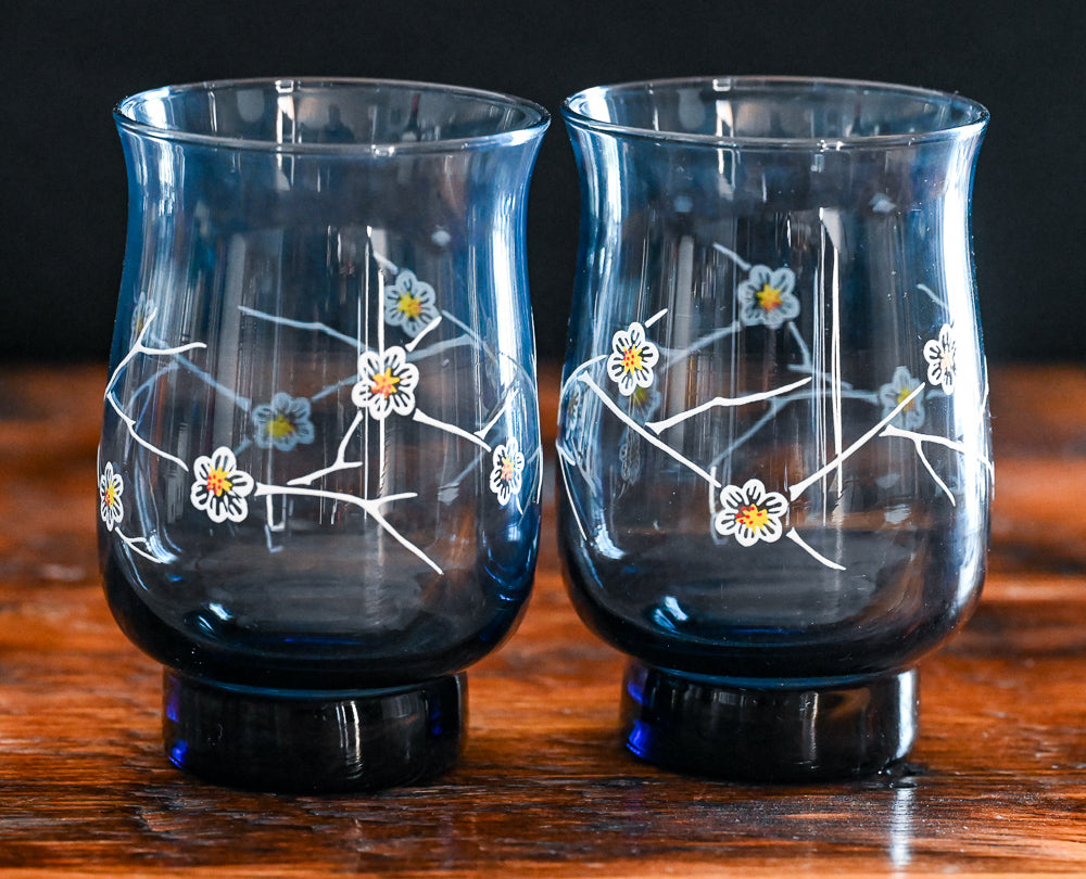 smoke blue dogwood print Libbey tumblers