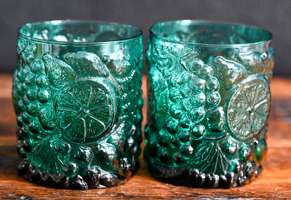 teal fruit embossed double rocks glasses