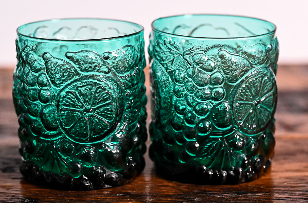 teal fruit embossed double rocks glasses