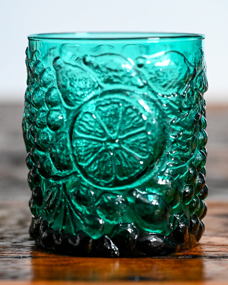 teal fruit embossed double rocks glasses