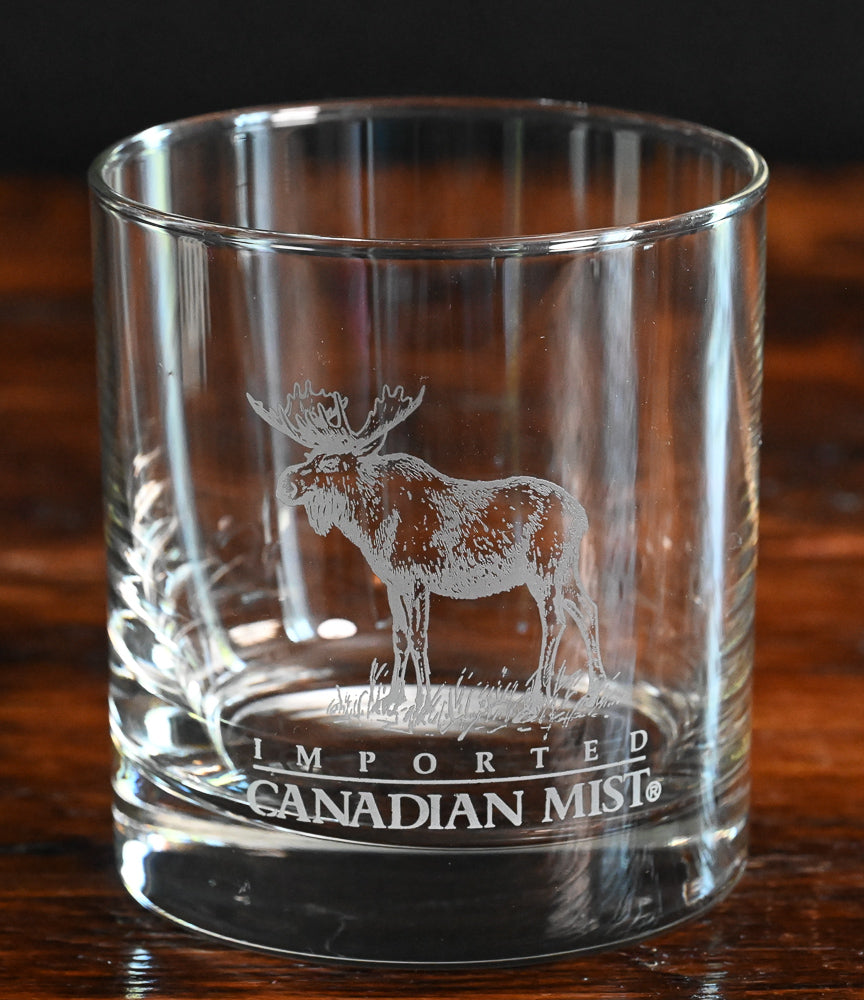 Canadian Mist Rocks glass with moose etched on it