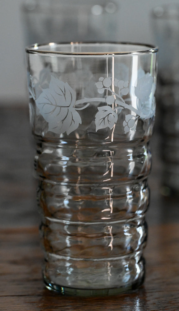 Libbey smoke gray tumblers with frosted leaves and silver rim