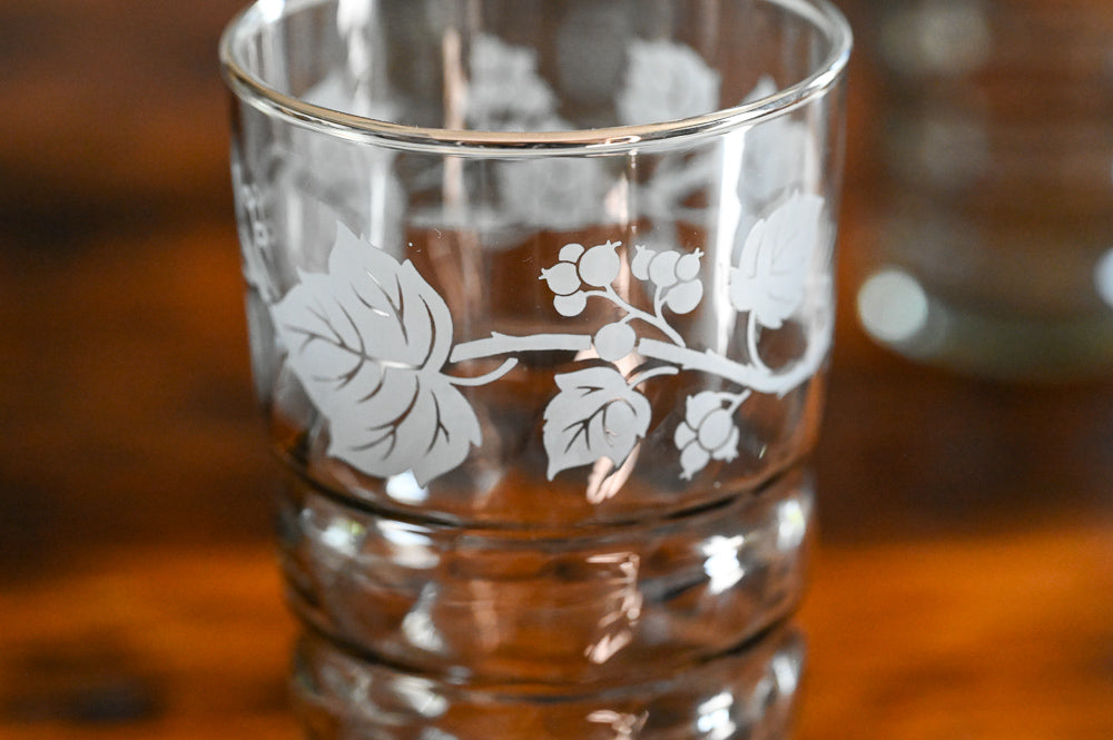 Libbey smoke gray tumblers with frosted leaves and silver rim