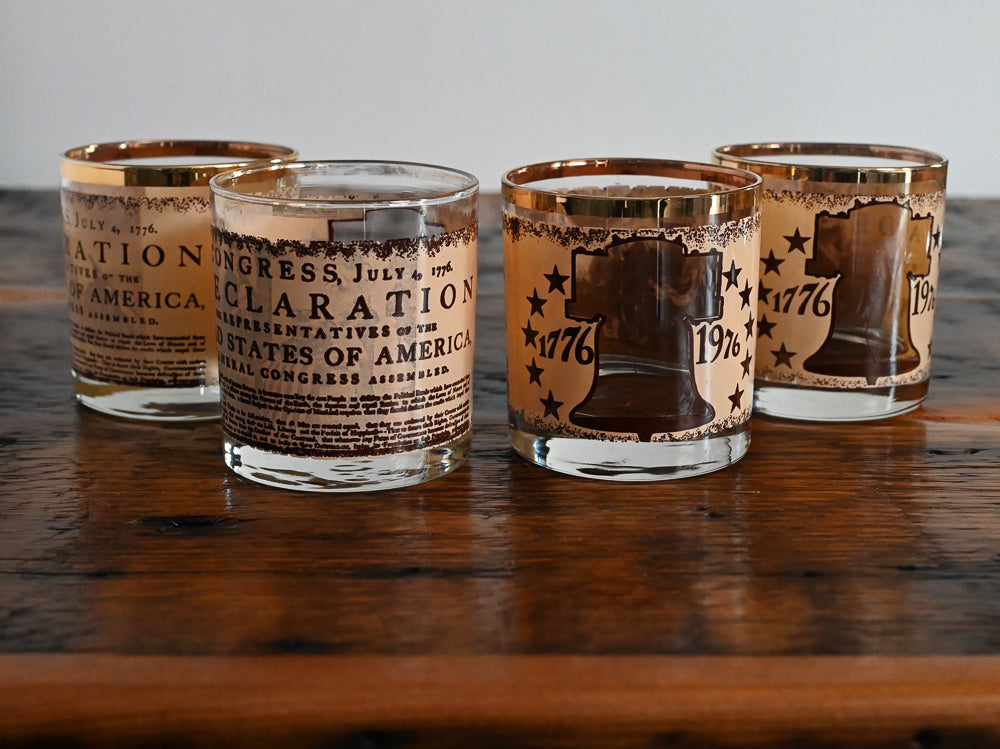 tan and brown rocks glasses with liberty bell and 1776-1976 with brown stars