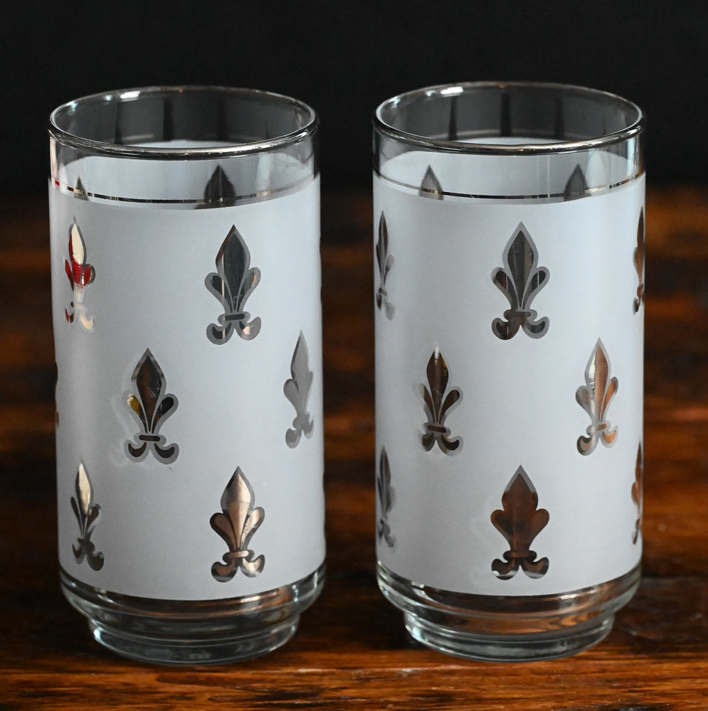 Libbey frosted and silver Fleur de lis drinking glasses