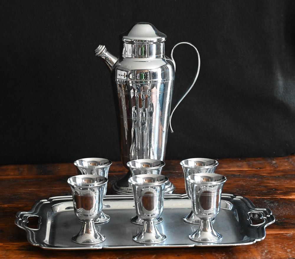 silver plated goblets, tray and cocktail shaker