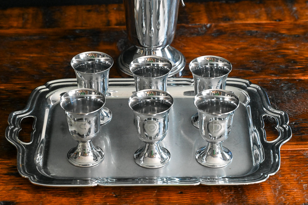 silver plated goblets, tray and cocktail shaker