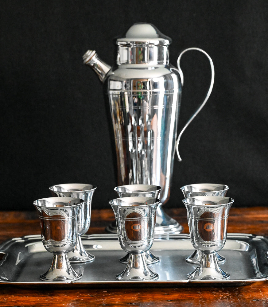 silver plated goblets, tray and cocktail shaker