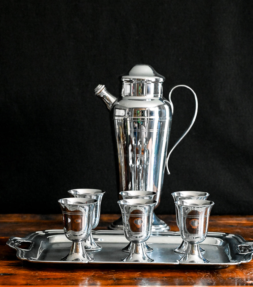 silver plated goblets, tray and cocktail shaker