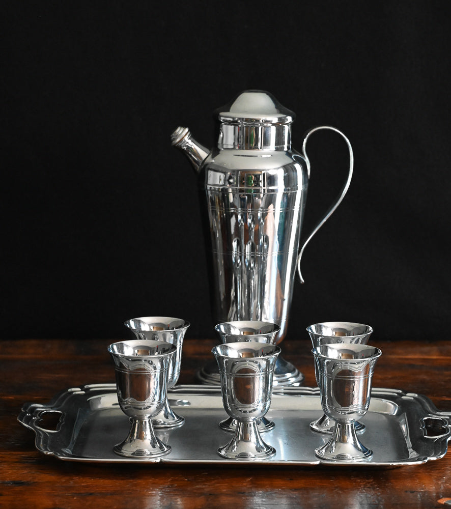 silver plated goblets, tray and cocktail shaker