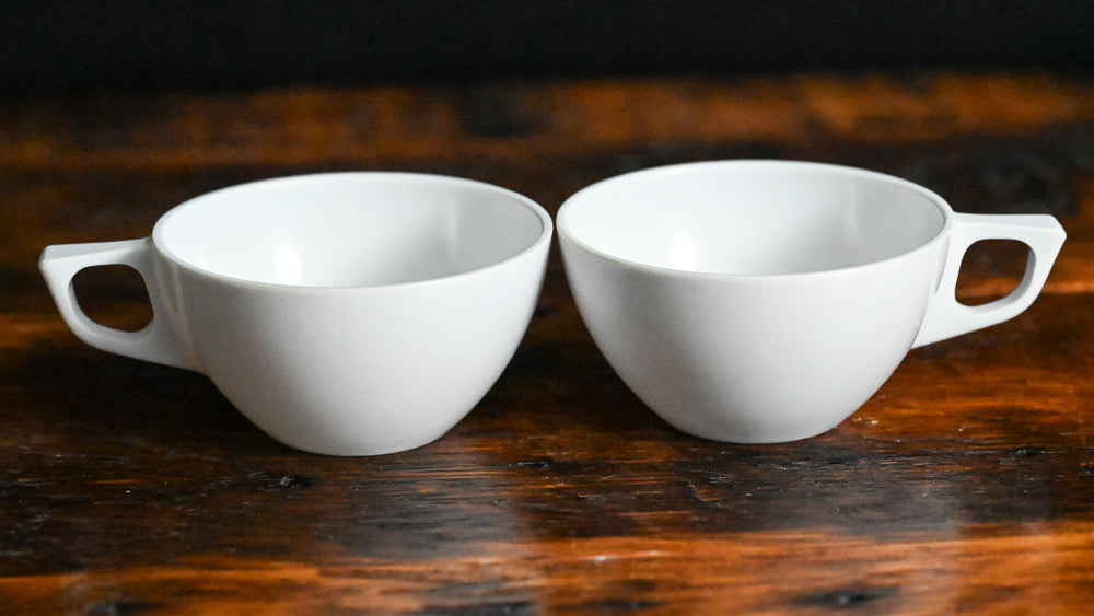 white melmac teacups