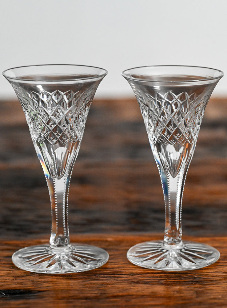 Etched Glasses (Vintage)-Two store on small Pedestals and Four Cordial Glasses