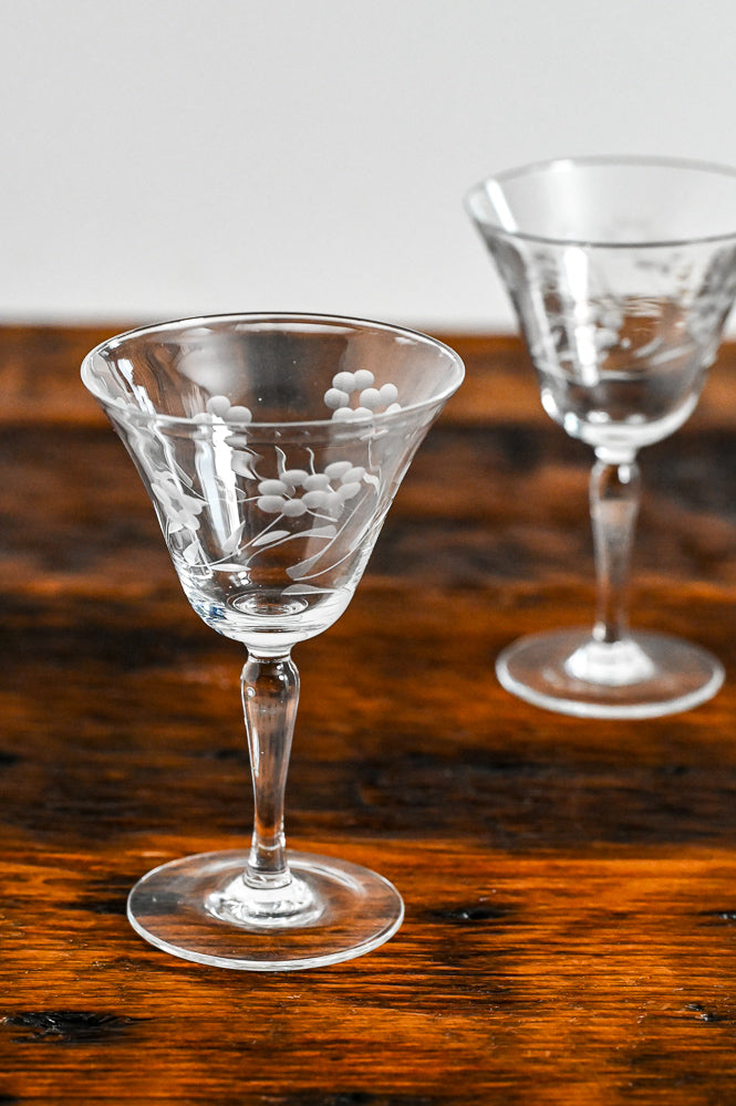 Flower etched clear wine glasses