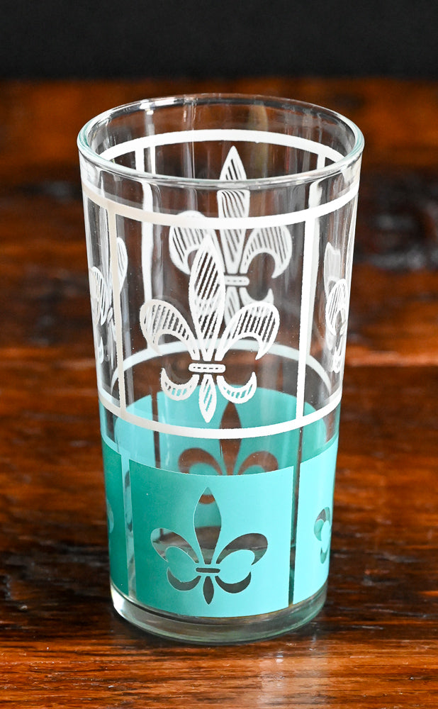 aqua and white Hazel Atlas Fleur de Lis tumblers