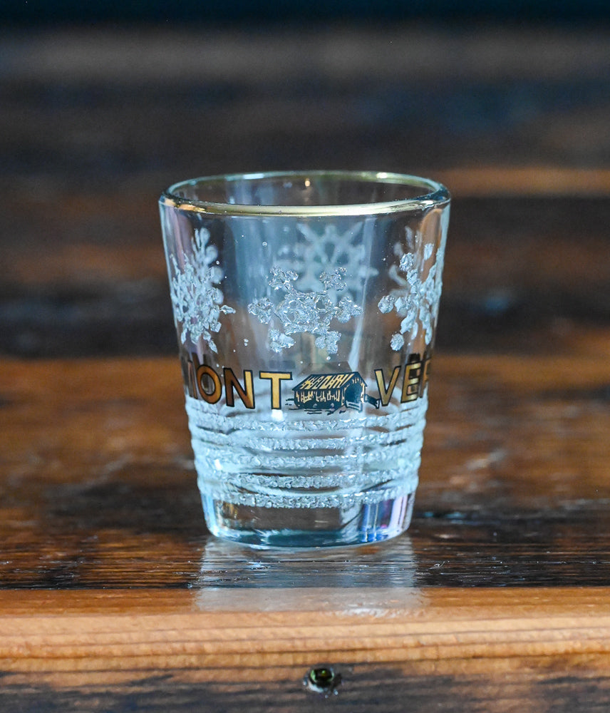 frosted snowflakes and gold print Vermont souvenir shotglass
