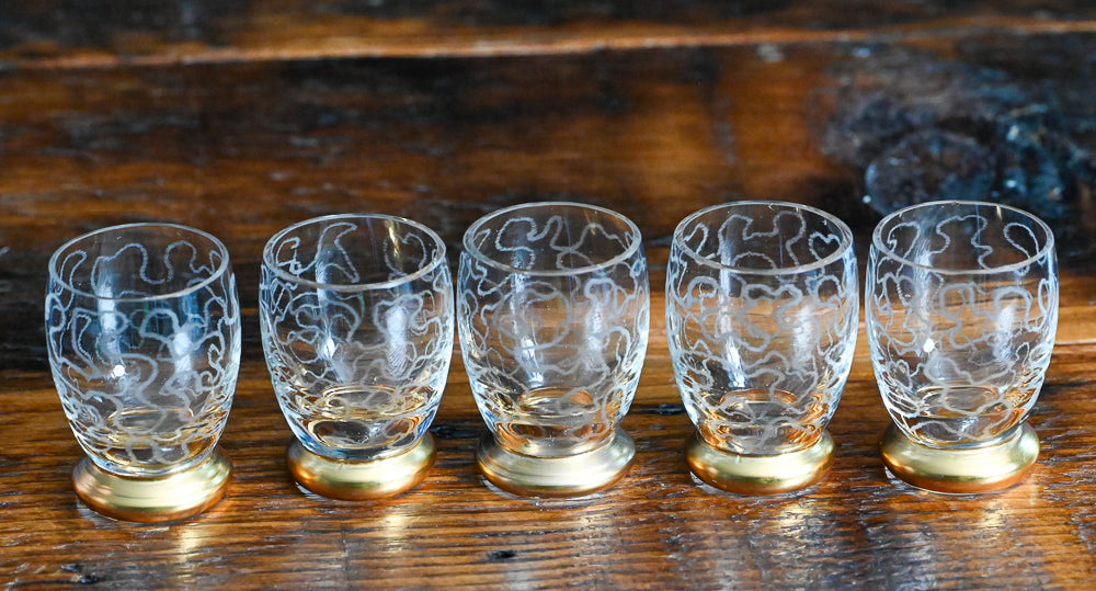 gold footed etched small cordial glasses