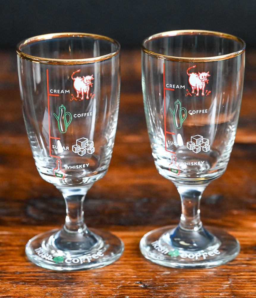 Irish cream glasses with gold rim and markings for whiskey, sugar, coffee and cream