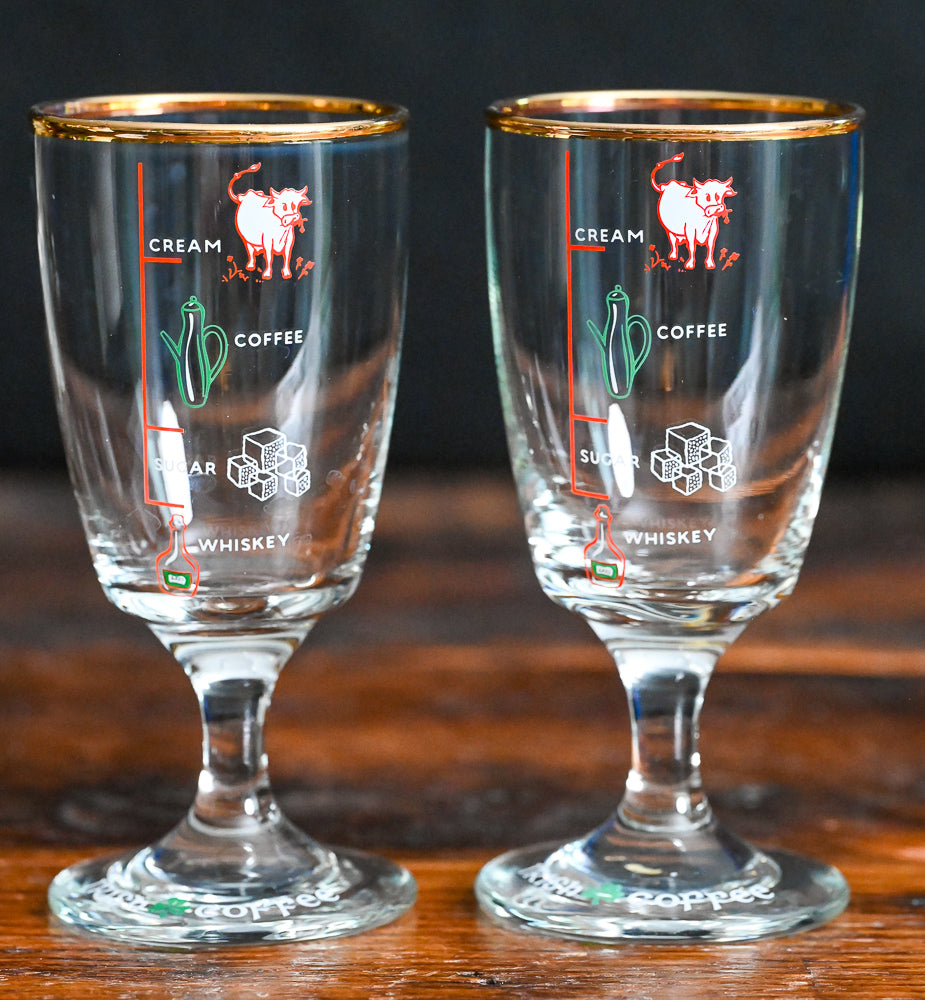 Irish cream glasses with gold rim and markings for whiskey, sugar, coffee and cream