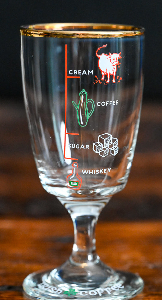 Irish cream glasses with gold rim and markings for whiskey, sugar, coffee and cream