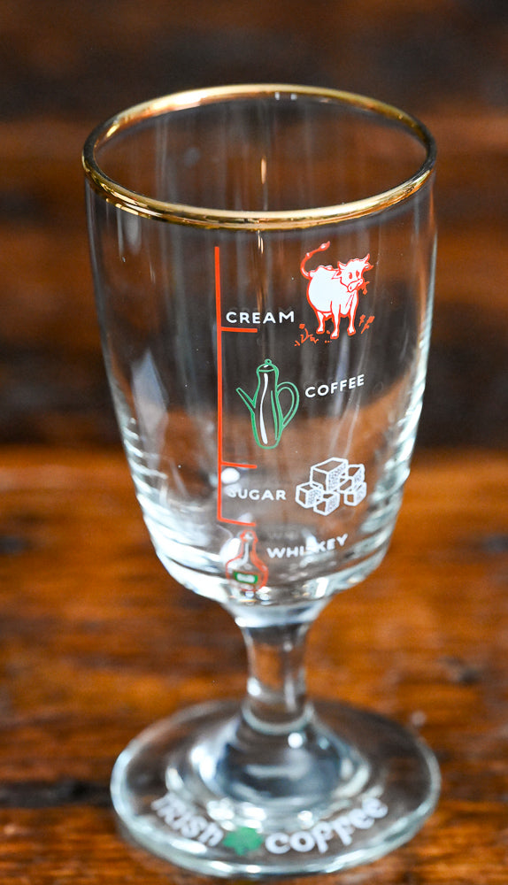 Irish cream glasses with gold rim and markings for whiskey, sugar, coffee and cream