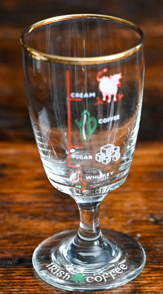 Irish cream glasses with gold rim and markings for whiskey, sugar, coffee and cream