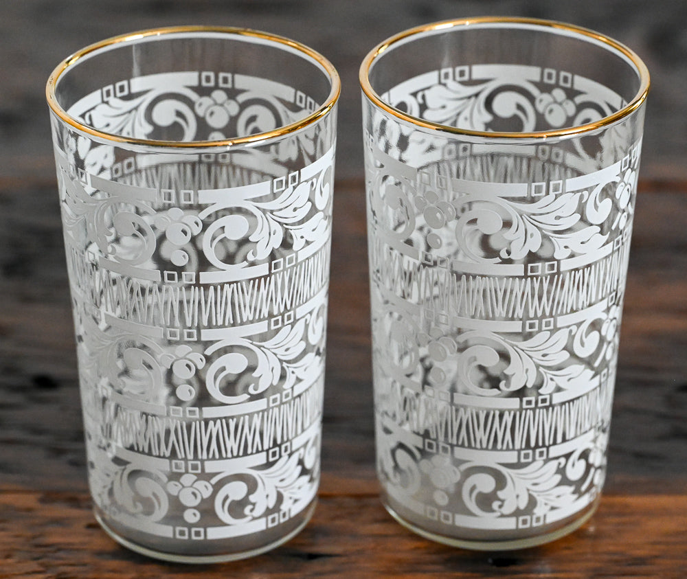 Anchor Hocking white lace print tumblers with gold rim