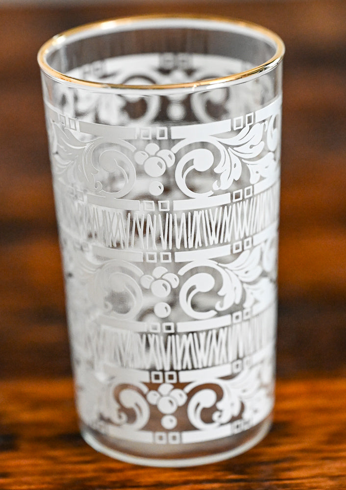 Anchor Hocking white lace print tumblers with gold rim