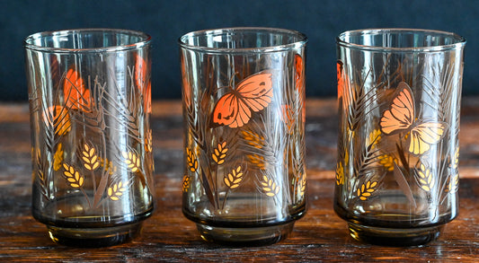 Libbey brown glass Monarch butterfly juice glasses