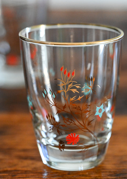 red and blue floral gold print juice glass