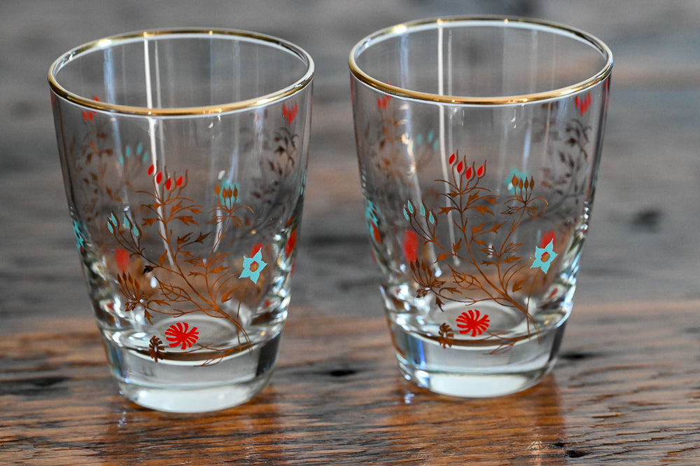 red and blue floral gold print juice glasses
