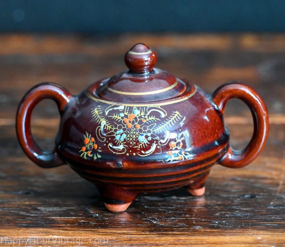 brown Redware sugar and creamer set, handpainted