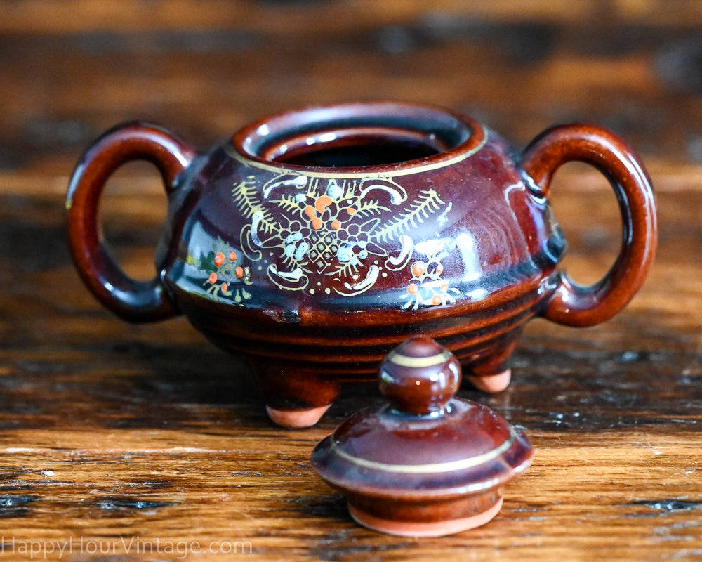 brown Redware sugar and creamer set, handpainted