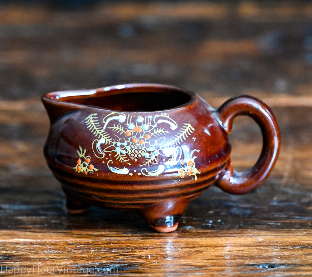 brown Redware sugar and creamer set, handpainted