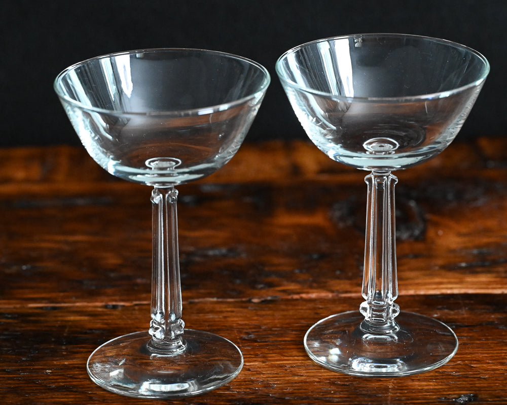 clear square stem MCM champagne coupes