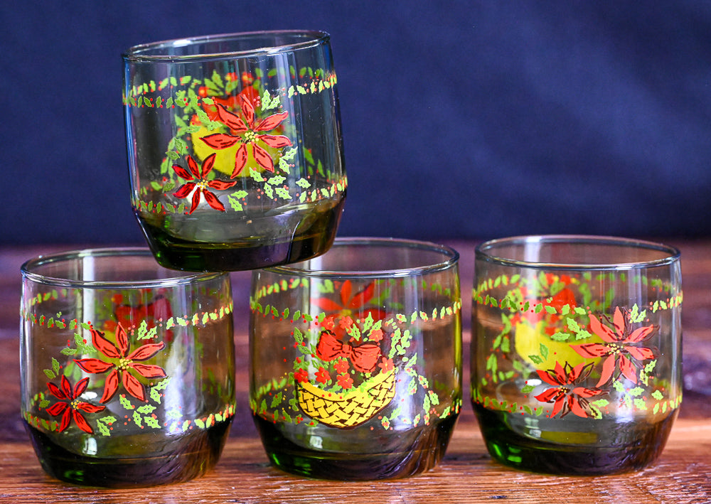 Avocado green poinsettia print rocks glasses