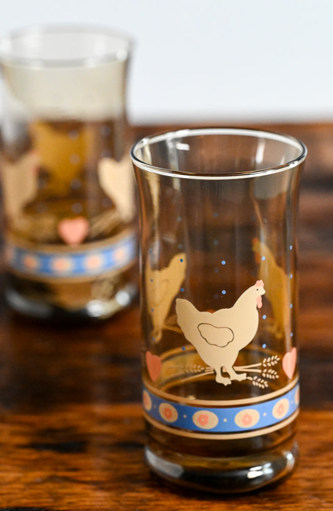 Libbey amber glass highball with chicken pattern