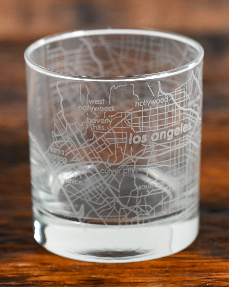 rocks glass with map of LA